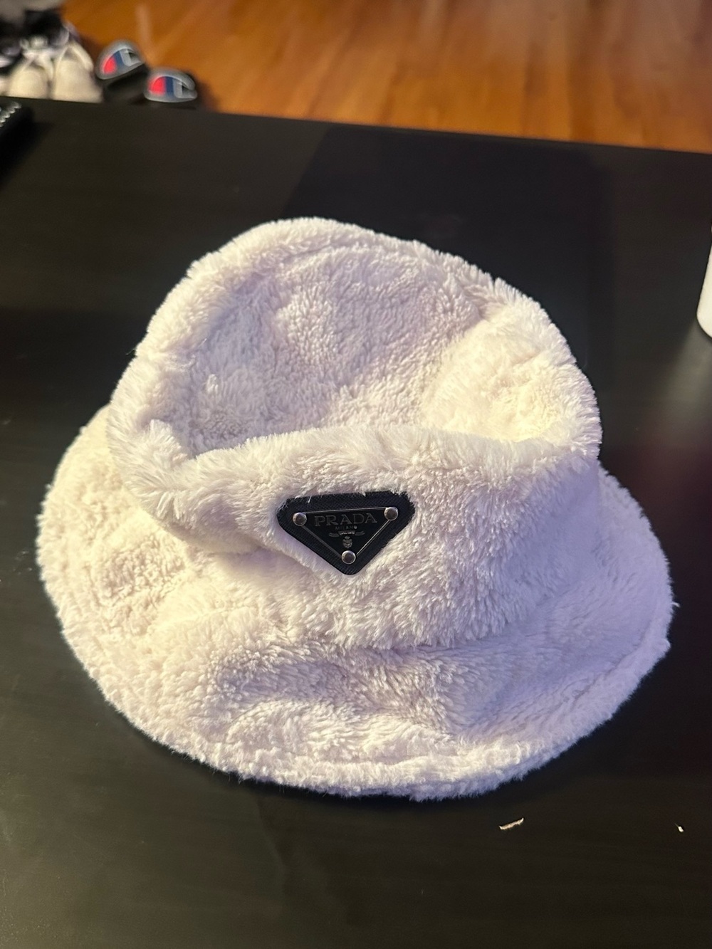 Prada Cream Faux-Fur Bucket Hat with Logo Plaque - Picture 2 of 7